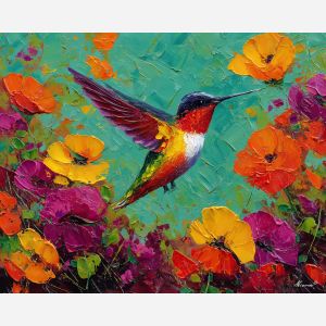 hummingbird, palette knife, oil painting, impasto, textured surface, artwork, expressive, modern, creative, visual art, illustration, bold colors, painterly, contemporary, graphic, conceptual