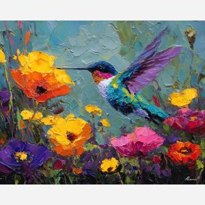 hummingbird, palette knife, oil painting, impasto, textured surface, artwork, expressive, modern, creative, visual art, illustration, bold colors, painterly, contemporary, graphic, conceptual
