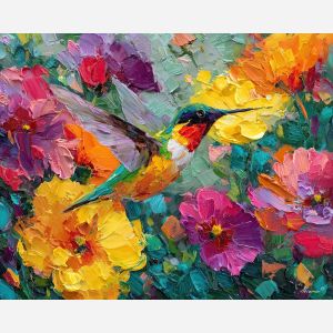 hummingbird, palette knife, oil painting, impasto, textured surface, artwork, expressive, modern, creative, visual art, illustration, bold colors, painterly, contemporary, graphic, conceptual