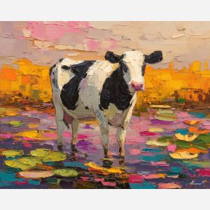 cow, palette knife, oil painting, impasto, textured surface, artwork, expressive, modern, creative, visual art, illustration, bold colors, painterly, contemporary, graphic, conceptual