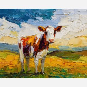 cow, palette knife, oil painting, impasto, textured surface, artwork, expressive, modern, creative, visual art, illustration, bold colors, painterly, contemporary, graphic, conceptual