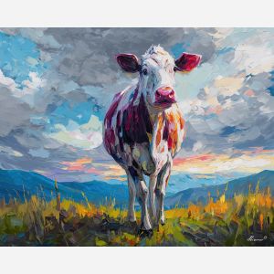 cow, palette knife, oil painting, impasto, textured surface, artwork, expressive, modern, creative, visual art, illustration, bold colors, painterly, contemporary, graphic, conceptual