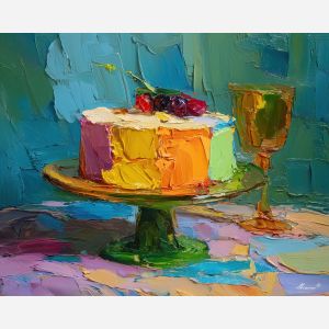 cake, palette knife, oil painting, impasto, textured surface, artwork, expressive, modern, creative, visual art, illustration, bold colors, painterly, contemporary, graphic, conceptual