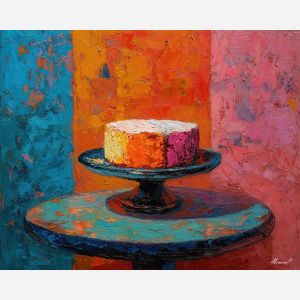 cake, palette knife, oil painting, impasto, textured surface, artwork, expressive, modern, creative, visual art, illustration, bold colors, painterly, contemporary, graphic, conceptual