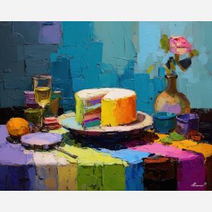cake, palette knife, oil painting, impasto, textured surface, artwork, expressive, modern, creative, visual art, illustration, bold colors, painterly, contemporary, graphic, conceptual