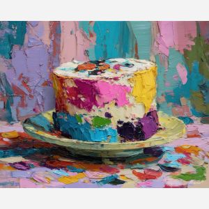 cake, palette knife, oil painting, impasto, textured surface, artwork, expressive, modern, creative, visual art, illustration, bold colors, painterly, contemporary, graphic, conceptual