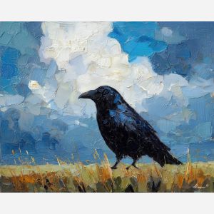 crow, palette knife, oil painting, impasto, textured surface, modern art, symbolic, expressive, visual art, creative, painterly, bold colors, contemporary, conceptual, illustrative, abstract