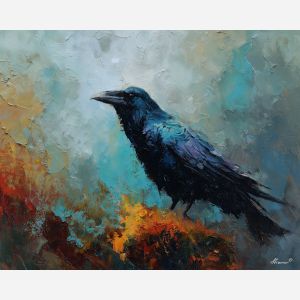 crow, palette knife, oil painting, impasto, textured surface, modern art, symbolic, expressive, visual art, creative, painterly, bold colors, contemporary, conceptual, illustrative, abstract