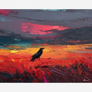 crow, palette knife, oil painting, impasto, textured surface, modern art, symbolic, expressive, visual art, creative, painterly, bold colors, contemporary, conceptual, illustrative, abstract