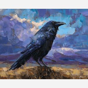 crow, palette knife, oil painting, impasto, textured surface, modern art, symbolic, expressive, visual art, creative, painterly, bold colors, contemporary, conceptual, illustrative, abstract