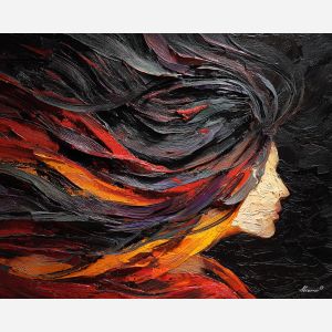 hair, palette knife, oil painting, impasto, textured surface, modern art, symbolic, expressive, visual art, creative, painterly, bold colors, contemporary, conceptual, illustrative, abstract