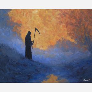 grim, reaper, palette knife, oil painting, impasto, textured surface, modern art, symbolic, expressive, visual art, creative, painterly, bold colors, contemporary, conceptual, illustrative, abstract