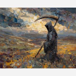 grim, reaper, palette knife, oil painting, impasto, textured surface, modern art, symbolic, expressive, visual art, creative, painterly, bold colors, contemporary, conceptual, illustrative, abstract