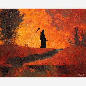 grim, reaper, palette knife, oil painting, impasto, textured surface, modern art, symbolic, expressive, visual art, creative, painterly, bold colors, contemporary, conceptual, illustrative, abstract