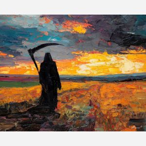 grim, reaper, palette knife, oil painting, impasto, textured surface, modern art, symbolic, expressive, visual art, creative, painterly, bold colors, contemporary, conceptual, illustrative, abstract