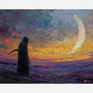 grim, reaper, palette knife, oil painting, impasto, textured surface, modern art, symbolic, expressive, visual art, creative, painterly, bold colors, contemporary, conceptual, illustrative, abstract