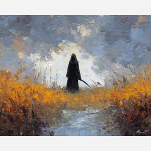 grim, reaper, palette knife, oil painting, impasto, textured surface, modern art, symbolic, expressive, visual art, creative, painterly, bold colors, contemporary, conceptual, illustrative, abstract