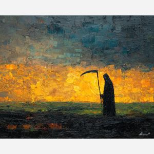 grim, reaper, palette knife, oil painting, impasto, textured surface, modern art, symbolic, expressive, visual art, creative, painterly, bold colors, contemporary, conceptual, illustrative, abstract