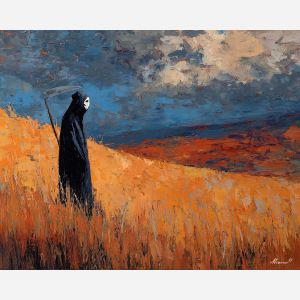 grim, reaper, palette knife, oil painting, impasto, textured surface, modern art, symbolic, expressive, visual art, creative, painterly, bold colors, contemporary, conceptual, illustrative, abstract