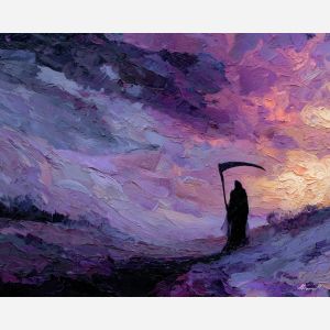 grim, reaper, palette knife, oil painting, impasto, textured surface, modern art, symbolic, expressive, visual art, creative, painterly, bold colors, contemporary, conceptual, illustrative, abstract