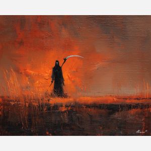 grim, reaper, palette knife, oil painting, impasto, textured surface, modern art, symbolic, expressive, visual art, creative, painterly, bold colors, contemporary, conceptual, illustrative, abstract