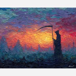 grim, reaper, palette knife, oil painting, impasto, textured surface, modern art, symbolic, expressive, visual art, creative, painterly, bold colors, contemporary, conceptual, illustrative, abstract