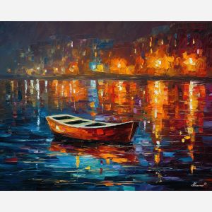 afremov style, palette knife, oil painting, impasto, red orange blue, vivid colors, cityscape, landscape, seascape, colorful background, soft lights, reflections, romantic scene, glowing sky, textured strokes, evening light, expressive painting, bold color contrast, rain reflections, atmospheric art