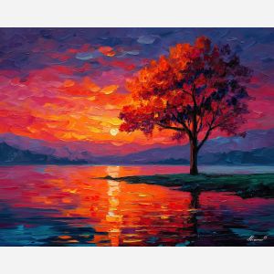 afremov style, palette knife, oil painting, impasto, red orange blue, vivid colors, cityscape, landscape, seascape, colorful background, soft lights, reflections, romantic scene, glowing sky, textured strokes, evening light, expressive painting, bold color contrast, rain reflections, atmospheric art