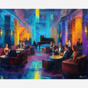 1920s, palette knife, oil painting, impasto, textured strokes, vivid colors, expressive art, modern painting, bold composition, dramatic light, color contrast, atmospheric, visual storytelling, contemporary art, creative, illustrative