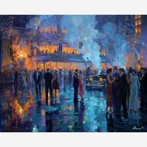 1920s, palette knife, oil painting, impasto, textured strokes, vivid colors, expressive art, modern painting, bold composition, dramatic light, color contrast, atmospheric, visual storytelling, contemporary art, creative, illustrative