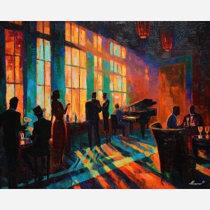 1920s, palette knife, oil painting, impasto, textured strokes, vivid colors, expressive art, modern painting, bold composition, dramatic light, color contrast, atmospheric, visual storytelling, contemporary art, creative, illustrative