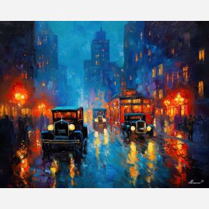 1920s, palette knife, oil painting, impasto, textured strokes, vivid colors, expressive art, modern painting, bold composition, dramatic light, color contrast, atmospheric, visual storytelling, contemporary art, creative, illustrative