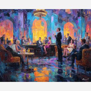 1920s, palette knife, oil painting, impasto, textured strokes, vivid colors, expressive art, modern painting, bold composition, dramatic light, color contrast, atmospheric, visual storytelling, contemporary art, creative, illustrative