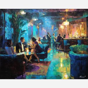 1920s, palette knife, oil painting, impasto, textured strokes, vivid colors, expressive art, modern painting, bold composition, dramatic light, color contrast, atmospheric, visual storytelling, contemporary art, creative, illustrative