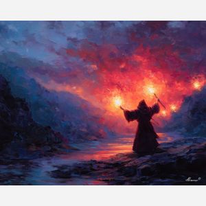 wizard, palette knife, oil painting, impasto, textured strokes, vivid colors, expressive art, modern painting, bold composition, dramatic light, color contrast, atmospheric, visual storytelling, contemporary art, creative, illustrative