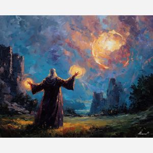 wizard, palette knife, oil painting, impasto, textured strokes, vivid colors, expressive art, modern painting, bold composition, dramatic light, color contrast, atmospheric, visual storytelling, contemporary art, creative, illustrative