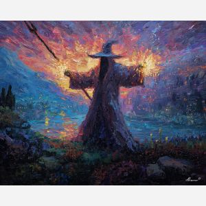 wizard, palette knife, oil painting, impasto, textured strokes, vivid colors, expressive art, modern painting, bold composition, dramatic light, color contrast, atmospheric, visual storytelling, contemporary art, creative, illustrative