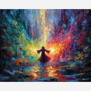 wizard, palette knife, oil painting, impasto, textured strokes, vivid colors, expressive art, modern painting, bold composition, dramatic light, color contrast, atmospheric, visual storytelling, contemporary art, creative, illustrative