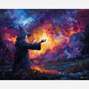 wizard, palette knife, oil painting, impasto, textured strokes, vivid colors, expressive art, modern painting, bold composition, dramatic light, color contrast, atmospheric, visual storytelling, contemporary art, creative, illustrative