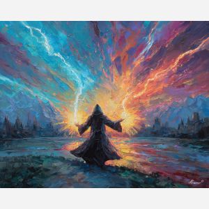 wizard, palette knife, oil painting, impasto, textured strokes, vivid colors, expressive art, modern painting, bold composition, dramatic light, color contrast, atmospheric, visual storytelling, contemporary art, creative, illustrative