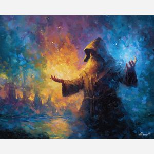 wizard, palette knife, oil painting, impasto, textured strokes, vivid colors, expressive art, modern painting, bold composition, dramatic light, color contrast, atmospheric, visual storytelling, contemporary art, creative, illustrative