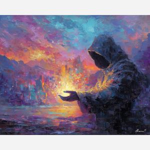 wizard, palette knife, oil painting, impasto, textured strokes, vivid colors, expressive art, modern painting, bold composition, dramatic light, color contrast, atmospheric, visual storytelling, contemporary art, creative, illustrative