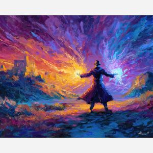 wizard, palette knife, oil painting, impasto, textured strokes, vivid colors, expressive art, modern painting, bold composition, dramatic light, color contrast, atmospheric, visual storytelling, contemporary art, creative, illustrative