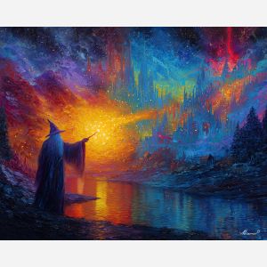 wizard, palette knife, oil painting, impasto, textured strokes, vivid colors, expressive art, modern painting, bold composition, dramatic light, color contrast, atmospheric, visual storytelling, contemporary art, creative, illustrative