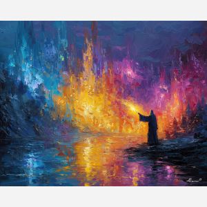 wizard, palette knife, oil painting, impasto, textured strokes, vivid colors, expressive art, modern painting, bold composition, dramatic light, color contrast, atmospheric, visual storytelling, contemporary art, creative, illustrative