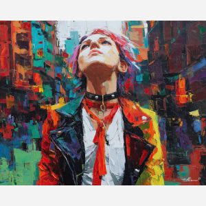 punk, palette knife, oil painting, impasto, textured strokes, vivid colors, expressive art, modern painting, bold composition, dramatic light, color contrast, atmospheric, visual storytelling, contemporary art, creative, illustrative