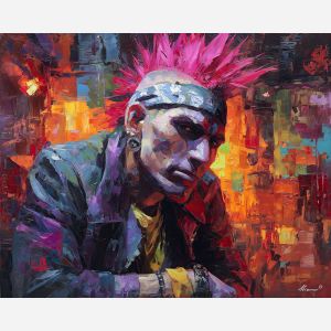 punk, palette knife, oil painting, impasto, textured strokes, vivid colors, expressive art, modern painting, bold composition, dramatic light, color contrast, atmospheric, visual storytelling, contemporary art, creative, illustrative