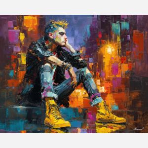 punk, palette knife, oil painting, impasto, textured strokes, vivid colors, expressive art, modern painting, bold composition, dramatic light, color contrast, atmospheric, visual storytelling, contemporary art, creative, illustrative