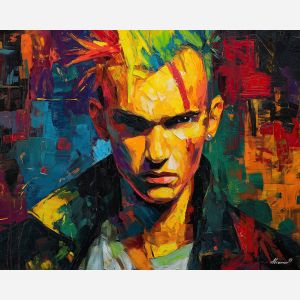punk, palette knife, oil painting, impasto, textured strokes, vivid colors, expressive art, modern painting, bold composition, dramatic light, color contrast, atmospheric, visual storytelling, contemporary art, creative, illustrative