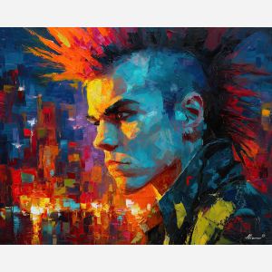 punk, palette knife, oil painting, impasto, textured strokes, vivid colors, expressive art, modern painting, bold composition, dramatic light, color contrast, atmospheric, visual storytelling, contemporary art, creative, illustrative